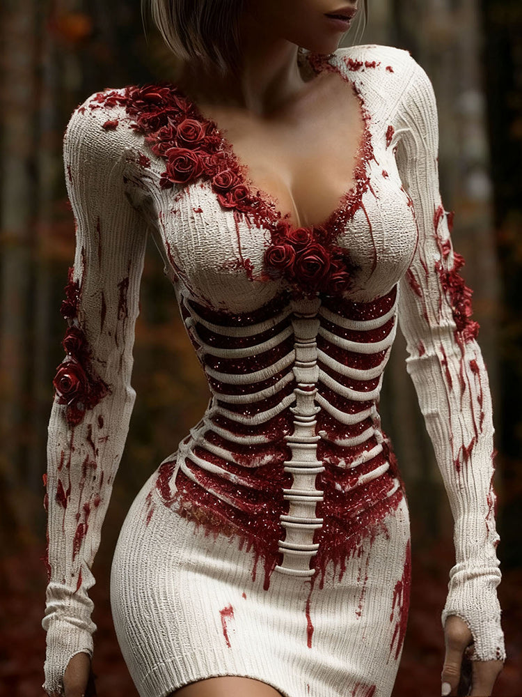 Comstylish Women's Vintage Halloween Skeleton & Rose Art Sweater Dress