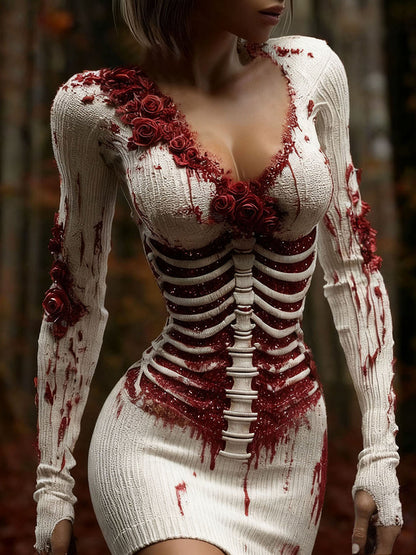 Comstylish Women's Vintage Halloween Skeleton & Rose Art Sweater Dress
