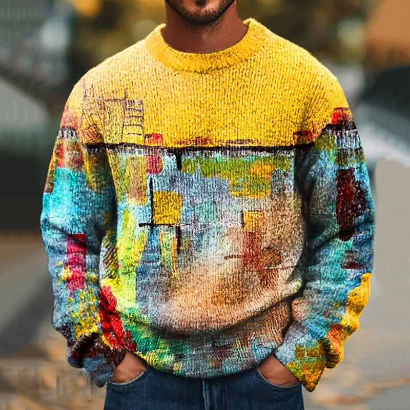 Men's Vintage Oil Painting Art Knitted Crew Neck Sweater artswardrobe