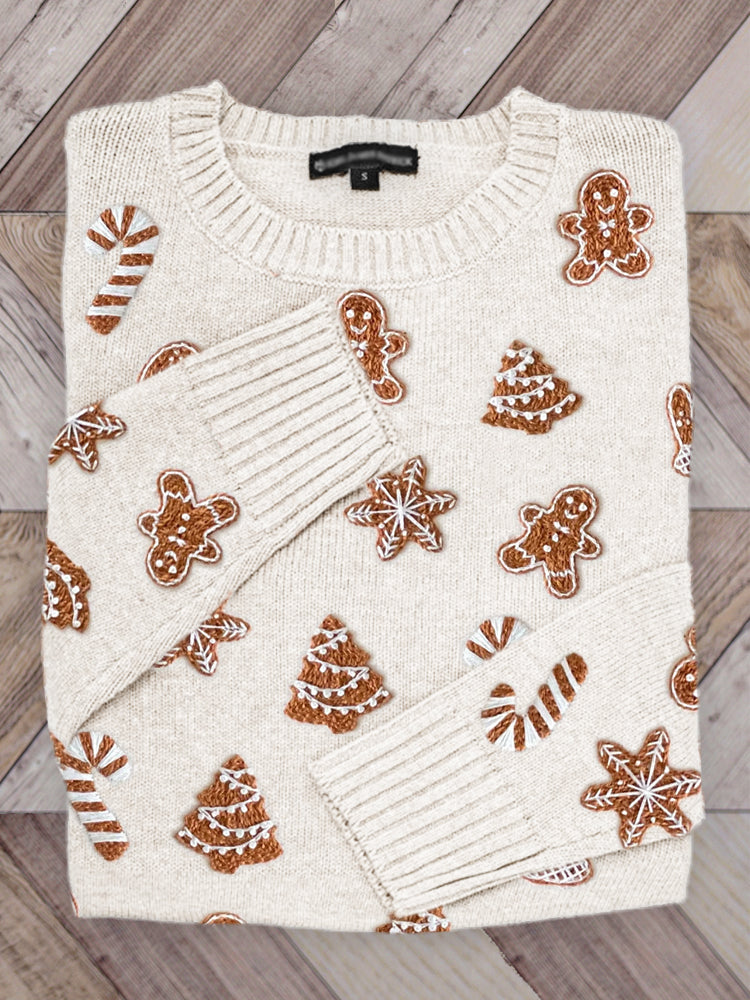 Comstylish Christmas Gingerbread Cookies Embroidered Cozy Knit Sweater