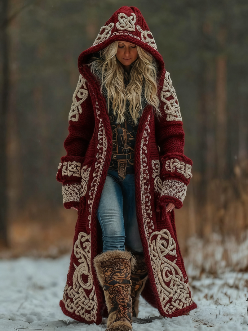 Wool Blend Hooded Long Coat with Celtic Knotwork and Tribal Appliqués