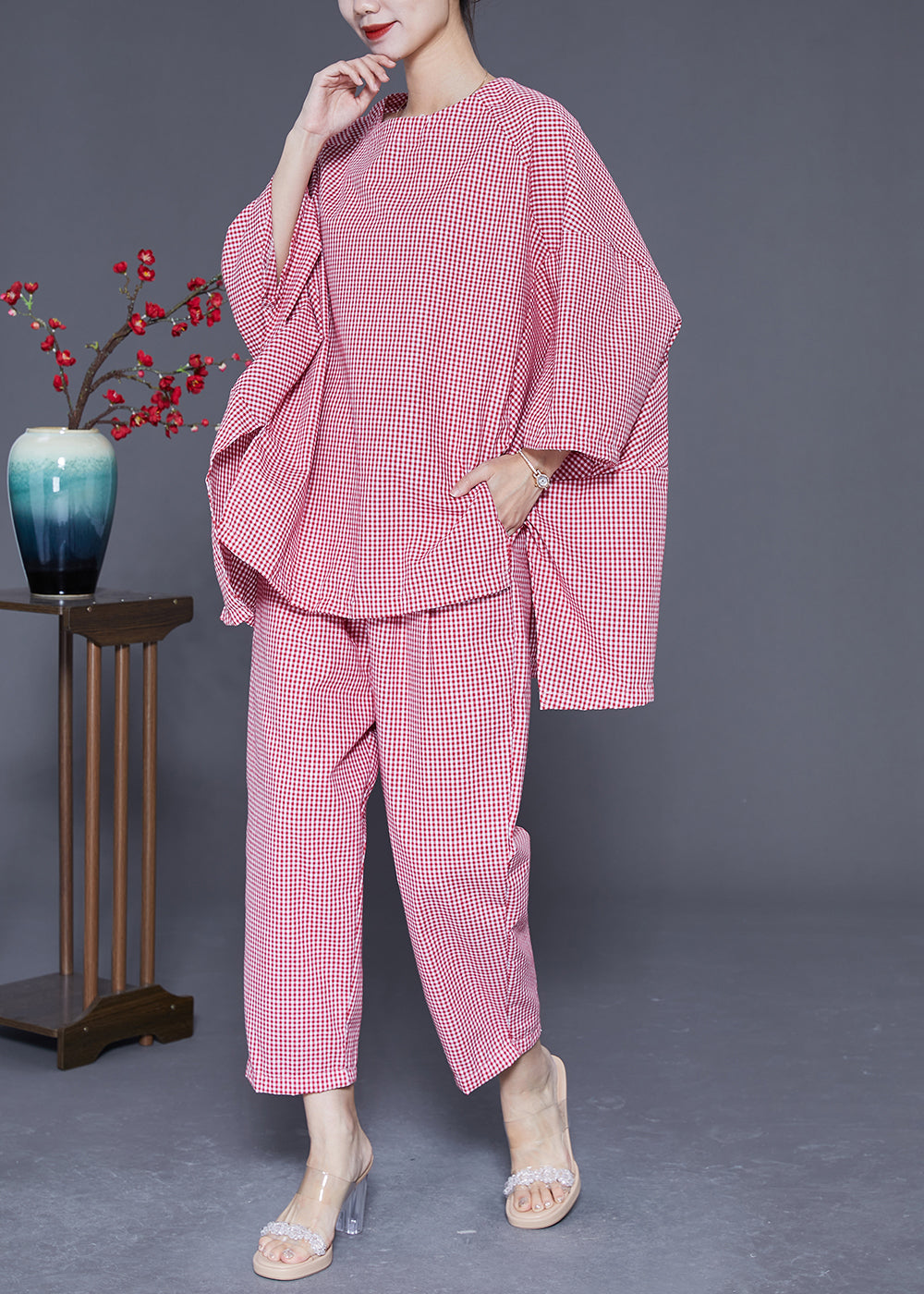 Red Oversized Plaid Low High Design Cotton Two Pieces Set Batwing Sleeve
