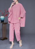 Red Oversized Plaid Low High Design Cotton Two Pieces Set Batwing Sleeve