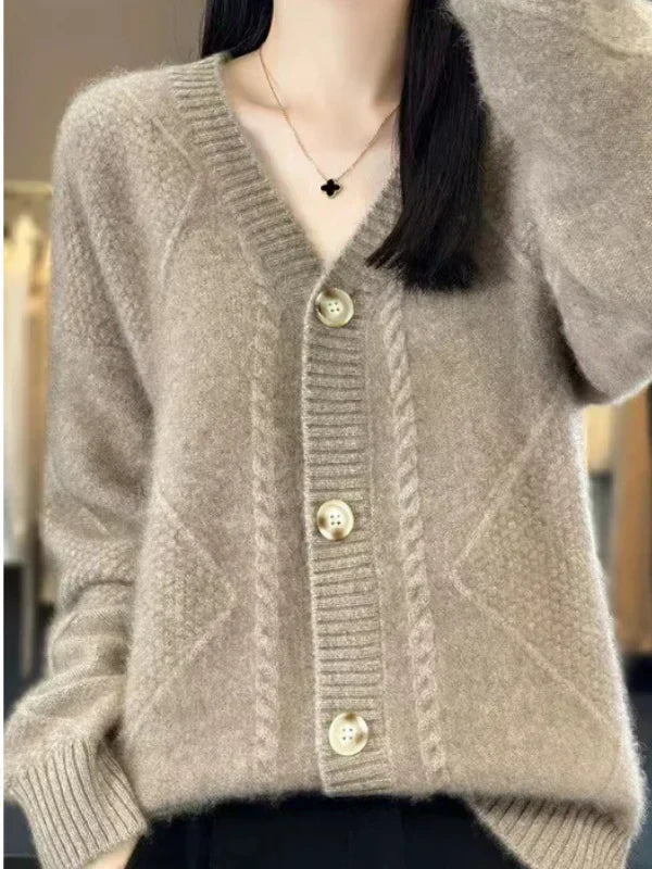 Cashmere Blend Cardigan with Delicate Cable Trim and Button Front