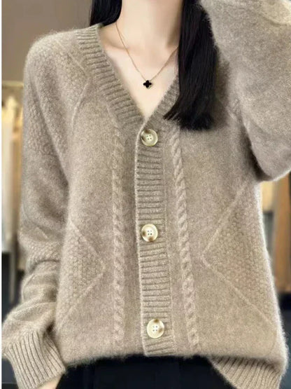 Cashmere Blend Cardigan with Delicate Cable Trim and Button Front