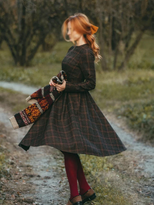 Autumn And Winter Vintage Plaid Women's Long Sleeve Dress artswardrobe