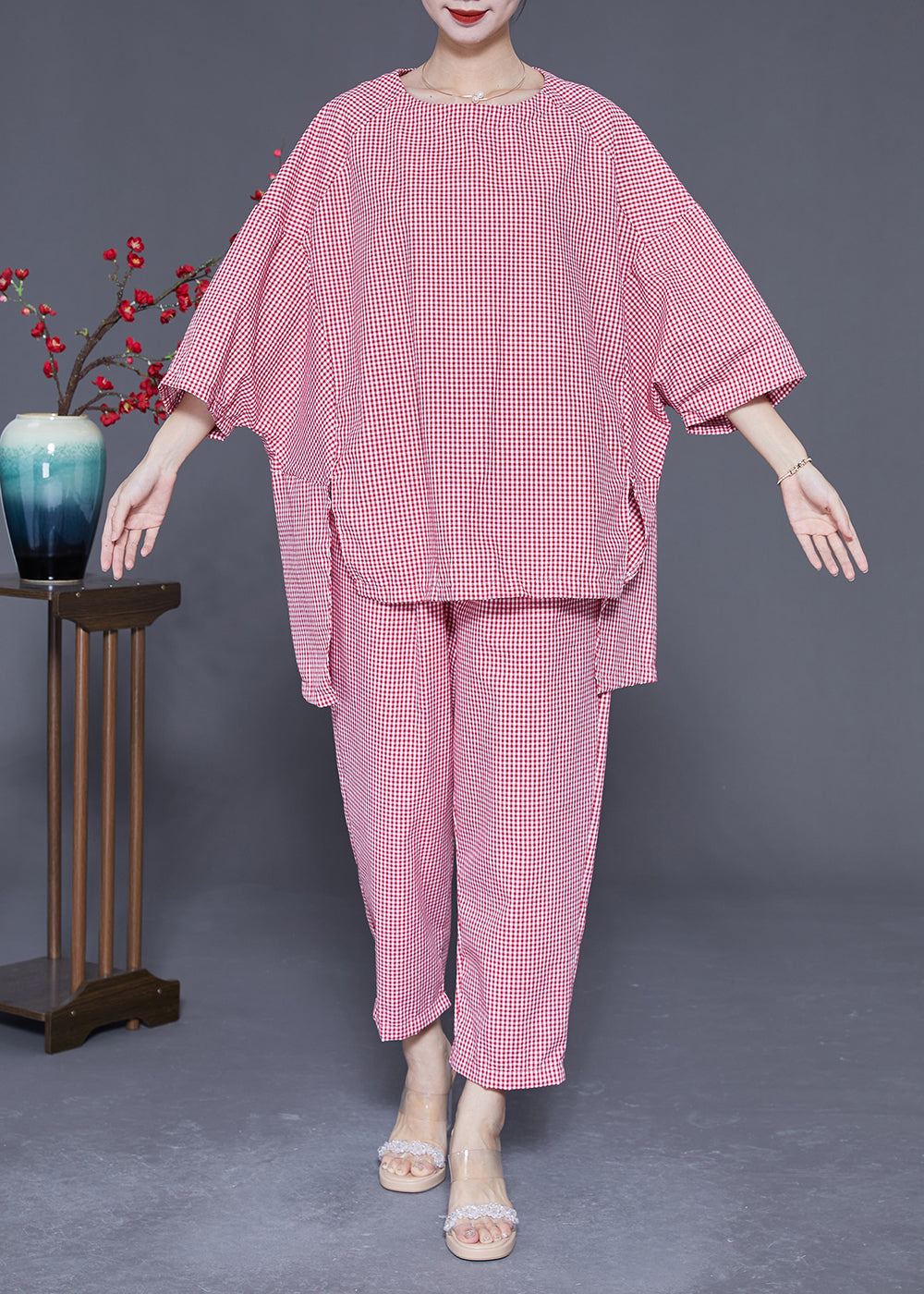 Red Oversized Plaid Low High Design Cotton Two Pieces Set Batwing Sleeve