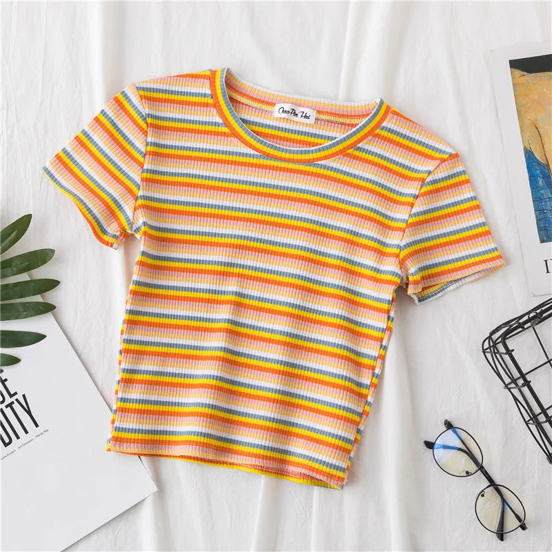 New T Shirt Rainbow Striped Tops Slim Fit T Shirt Harajuku Tshirt Summer Short Sleeve Korean T-shirt Feminina Clothes Tops
