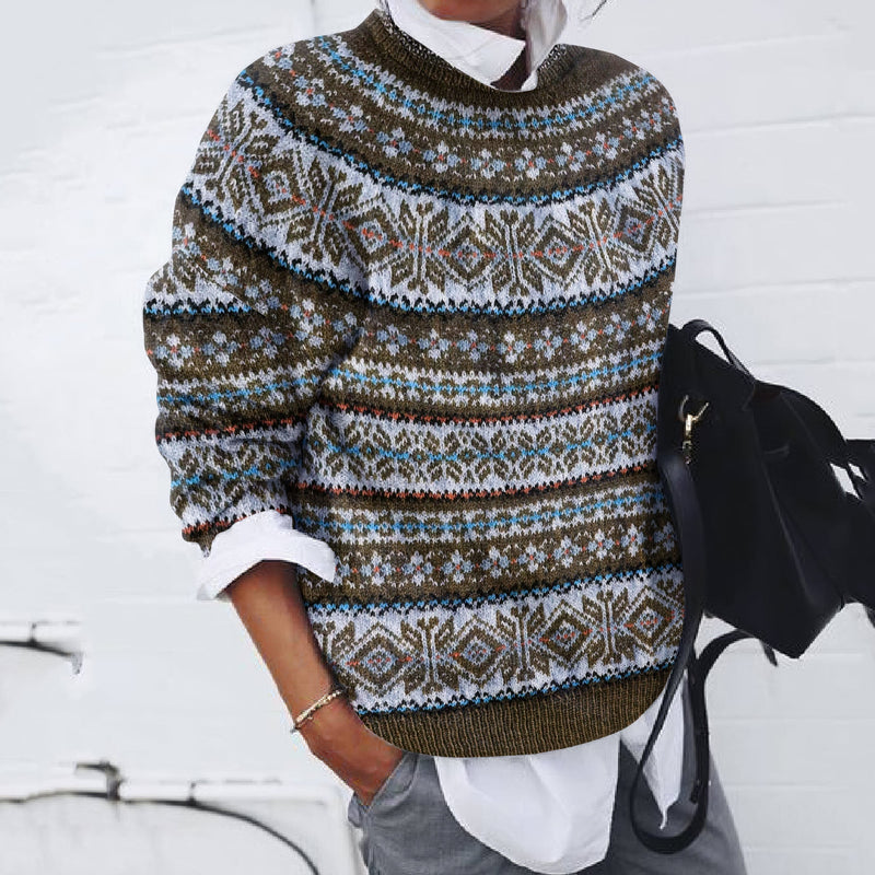 Wool Blend Pullover with Intricate Fair Isle Snowflake and Geometric Bands