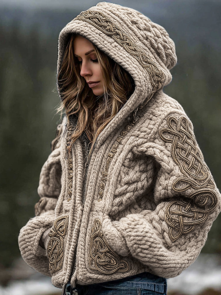 Cotton Hoodie with Celtic Embroidery and Drawstring