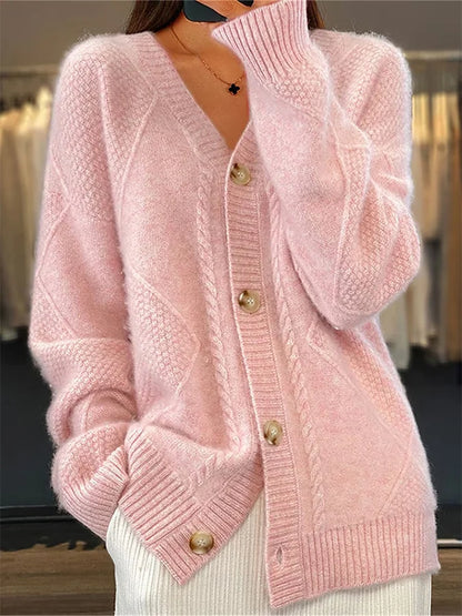 Cashmere Blend Cardigan with Delicate Cable Trim and Button Front