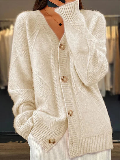 Cashmere Blend Cardigan with Delicate Cable Trim and Button Front