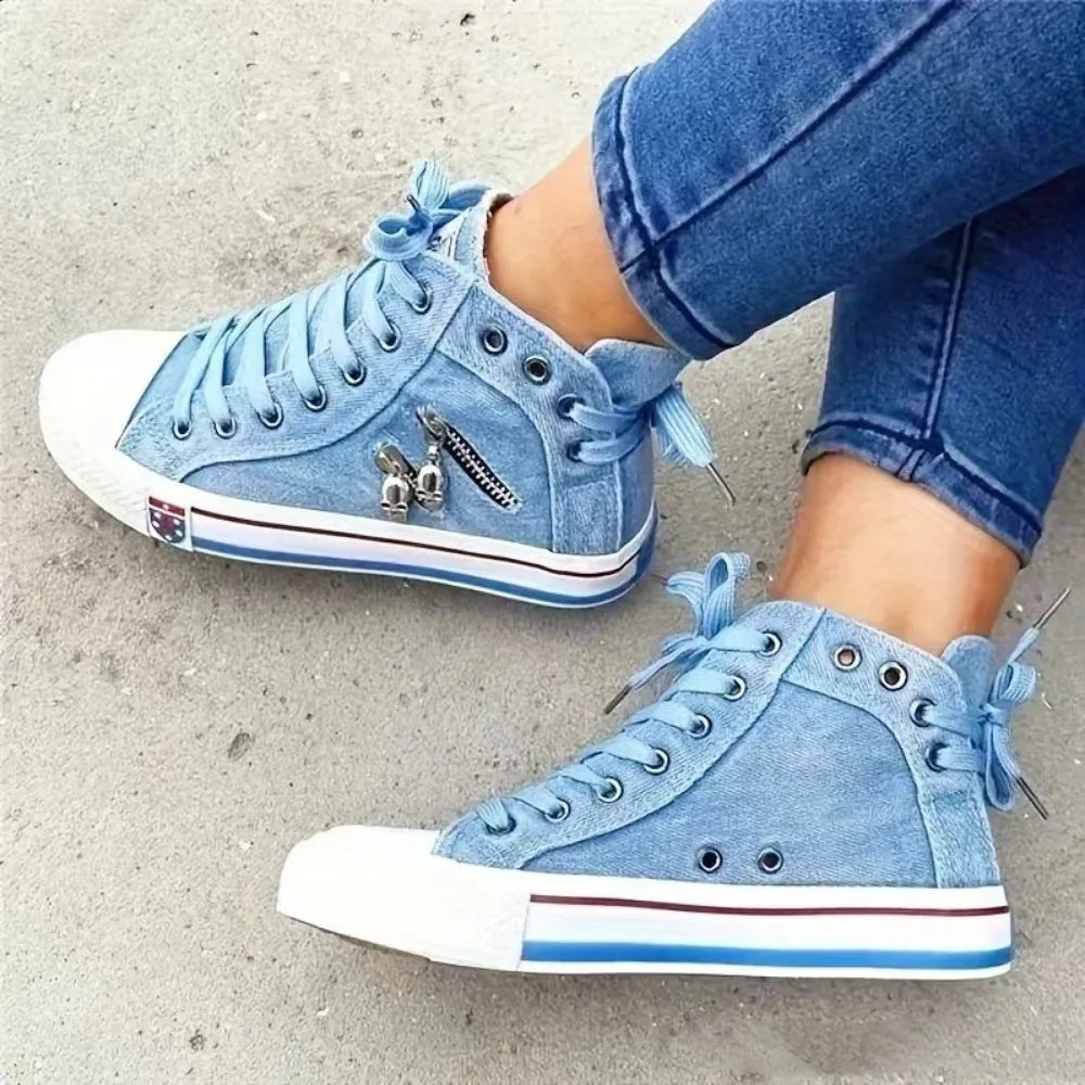 Denim sneakers with white sole