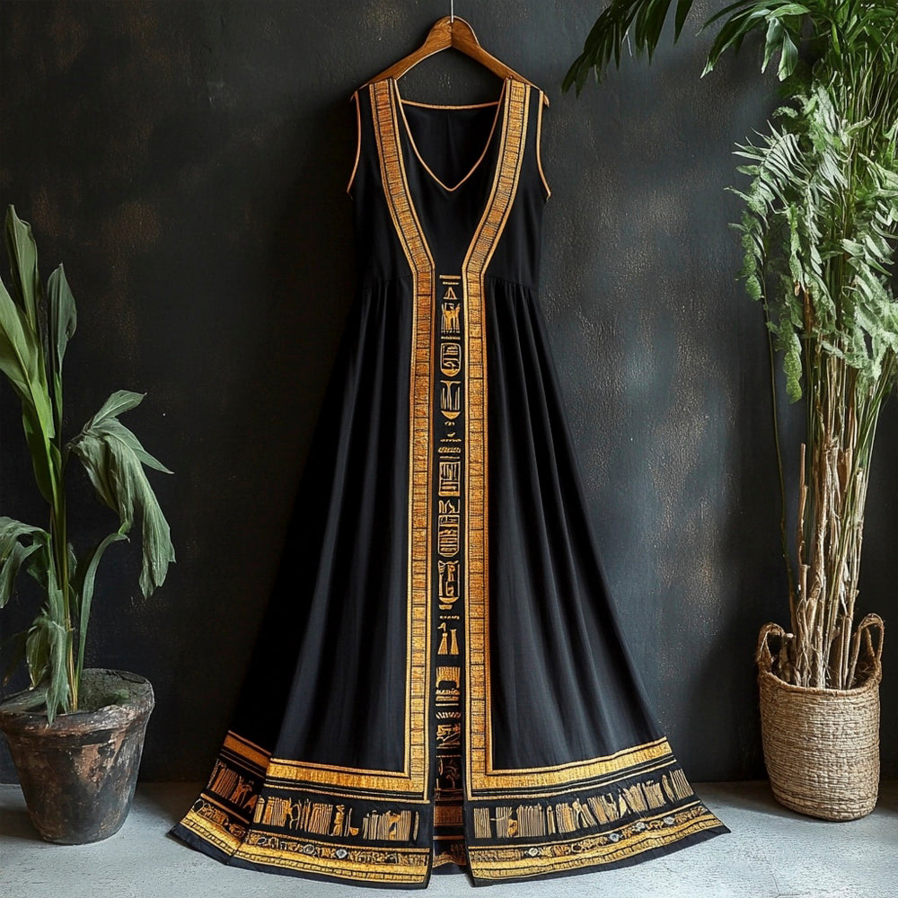 Vintage Egyptian Totem Print Women's Linen Vest Maxi Dress artswardrobe