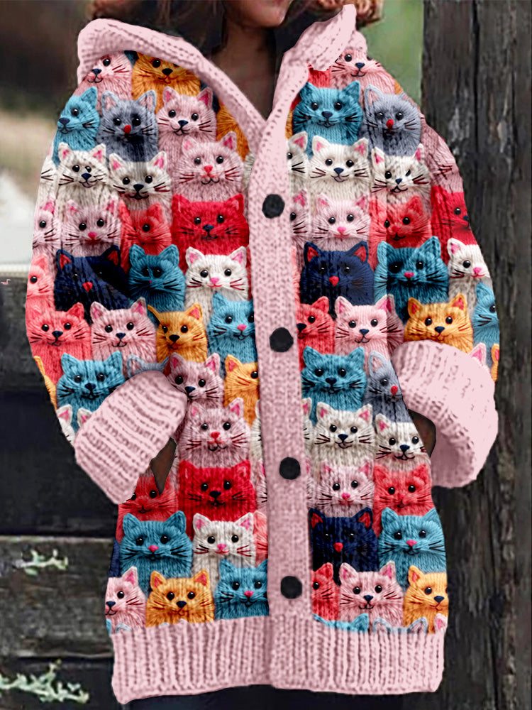 Knitted coat with button placket and playful cat print
