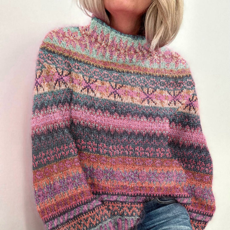 Cotton Knit Sweater with Pastel Marled Stripes and Mock Neck