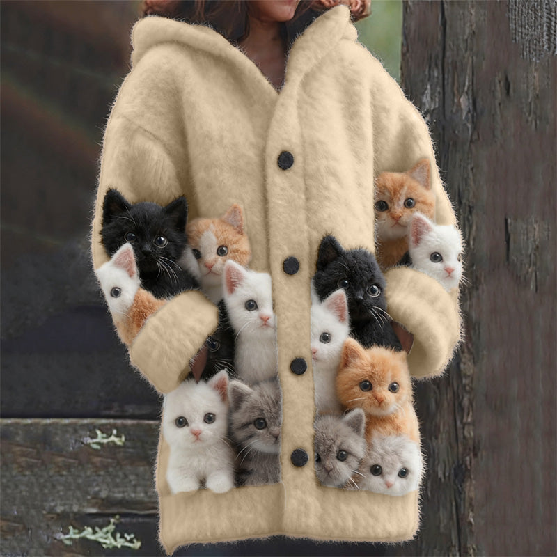 Comstylish Lovely Fuzzy Cats Cozy Knit Hooded Cardigan