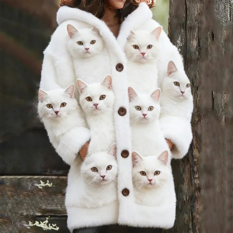 Wool Cardigan with Multiple Cat Print