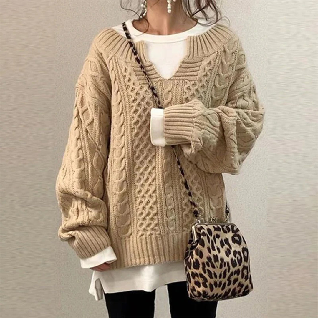 Cotton Cable Knit Sweater with Keyhole Neckline and Mixed Texture Panels