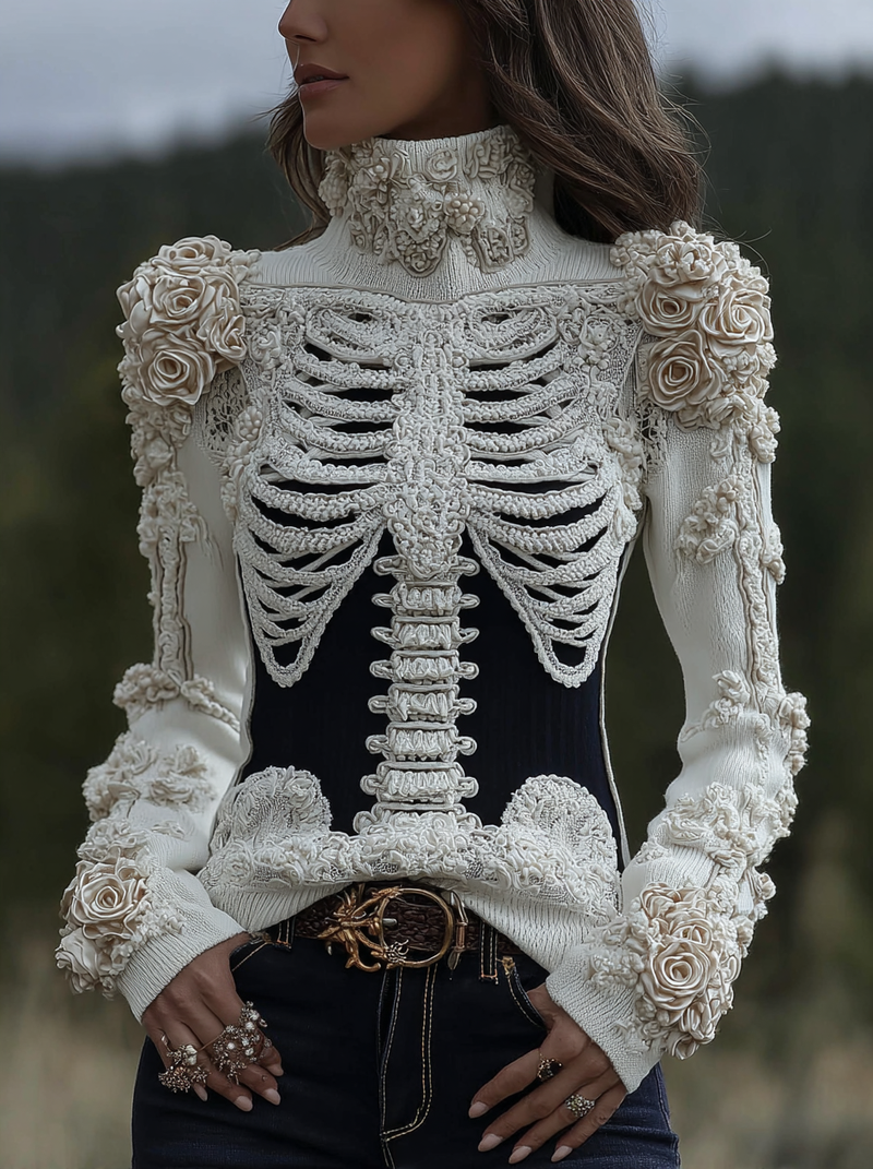 Cotton Sweater with White Skeleton Bones