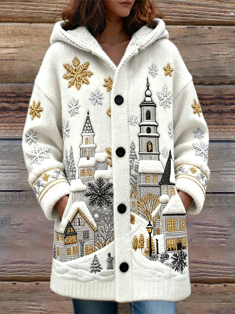 Wool Cardigan with Village Houses and Golden Snowflakes