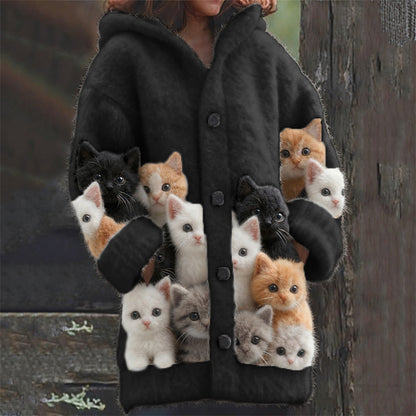 Comstylish Lovely Fuzzy Cats Cozy Knit Hooded Cardigan
