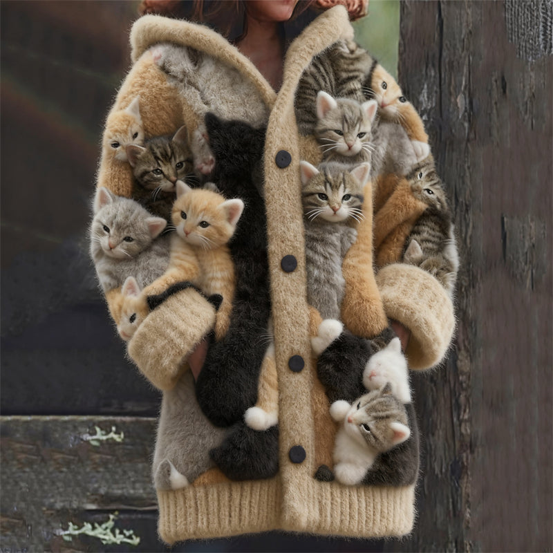 Comstylish Lovely Crowded Cats Felt Art Cozy Hooded Cardigan