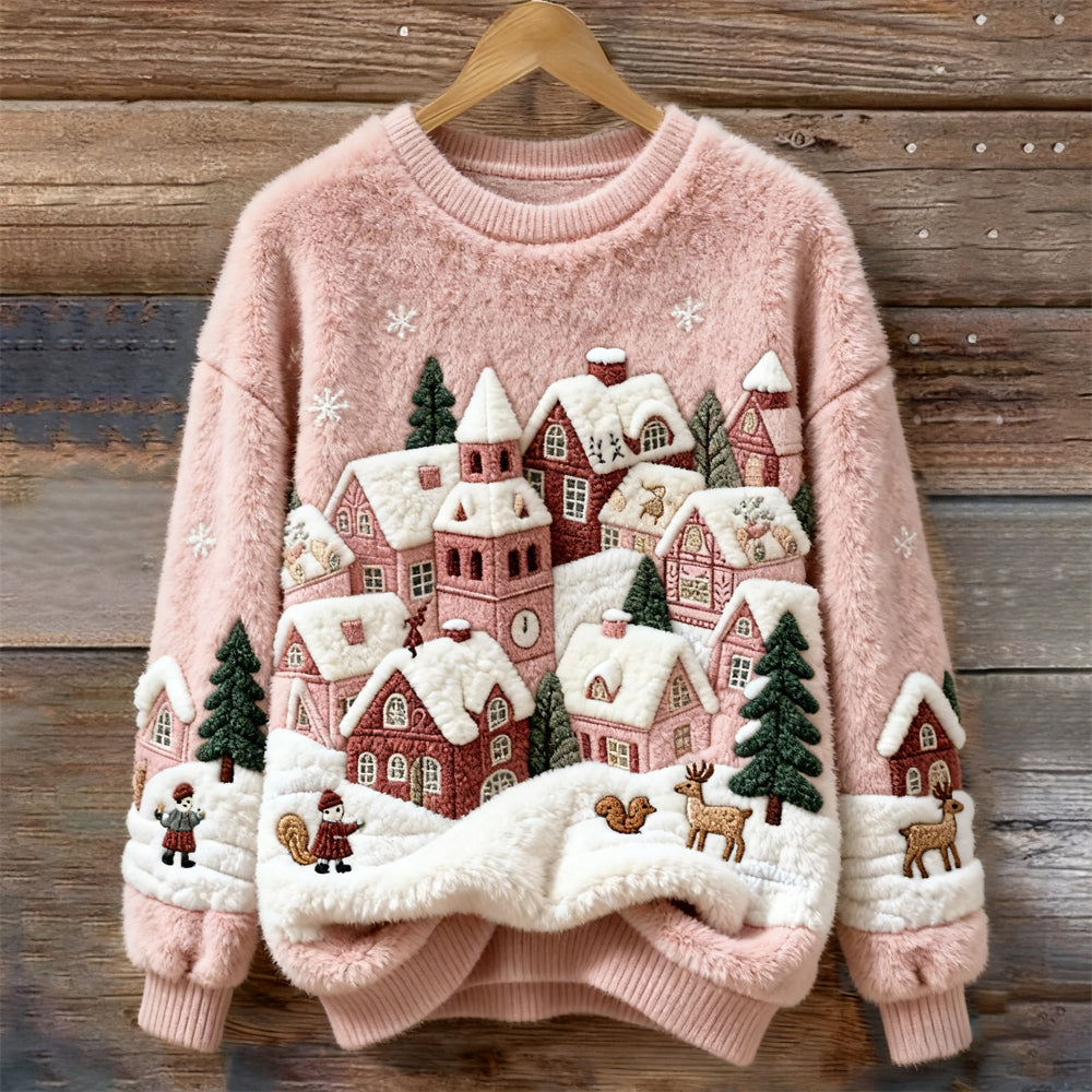 Christmas House Snow Scene Art Women's Cozy Plush Sweater