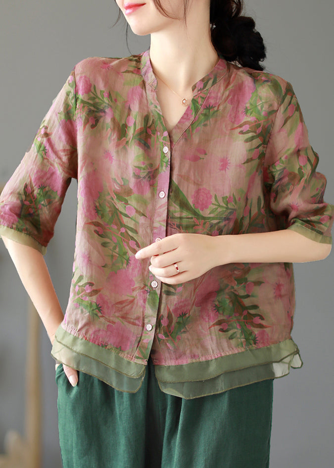 Lotus Root Pink Color Print Button Linen Shirt Summer