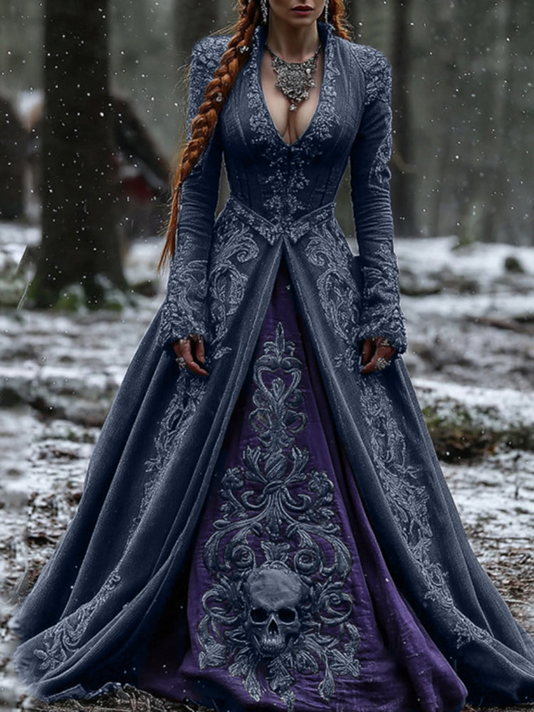 Women's Vintage Viking Skull Embroidery V Neck Casual Maxi Dress artswardrobe