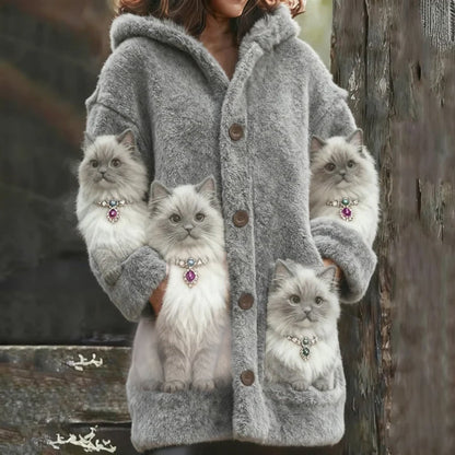 Cat Wearing Pearl Necklace Thick Hooded Cardigan Long Sweater elevenforest