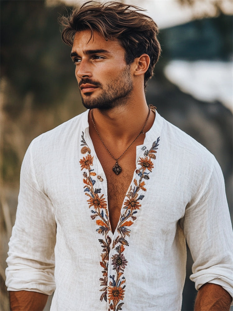 Men's Boho Floral Embroidered Placket Linen Shirt artswardrobe