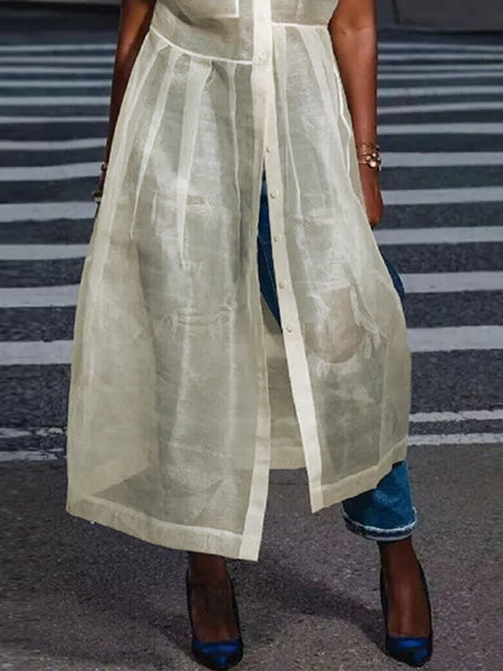 Cap Sleeve Loose Buttoned Pockets See-through Split-joint Transparent Lapel Midi Dresses Shirt Dress