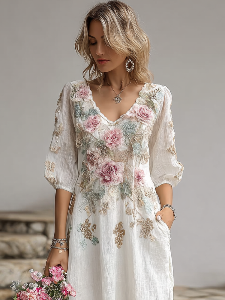 Comstylish Bohemian Style Plant Flower And Butterfly Pattern Embroidery Women's Cotton And Linen Dress
