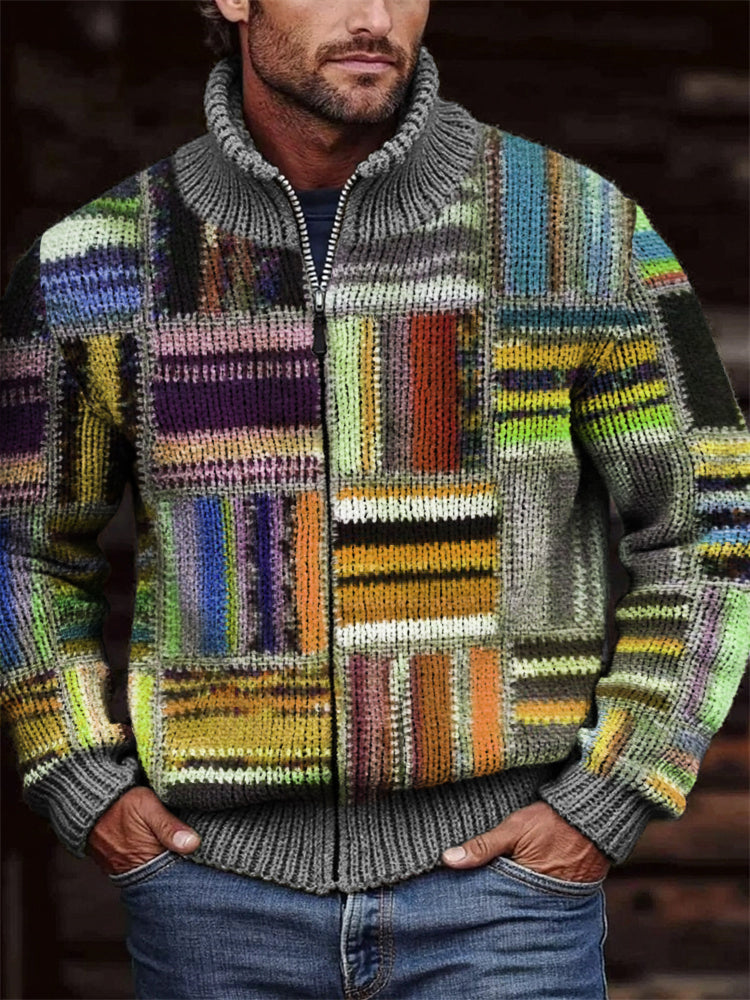 Men's Retro Colorblock Patchwork Cozy Full Zip Cardigan elevenforest