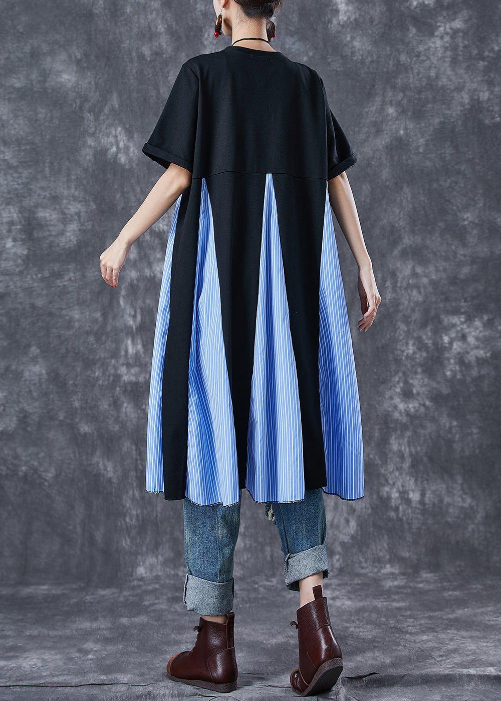 Black Patchwork Exra Large Hem Cotton Maxi Dresses Summer