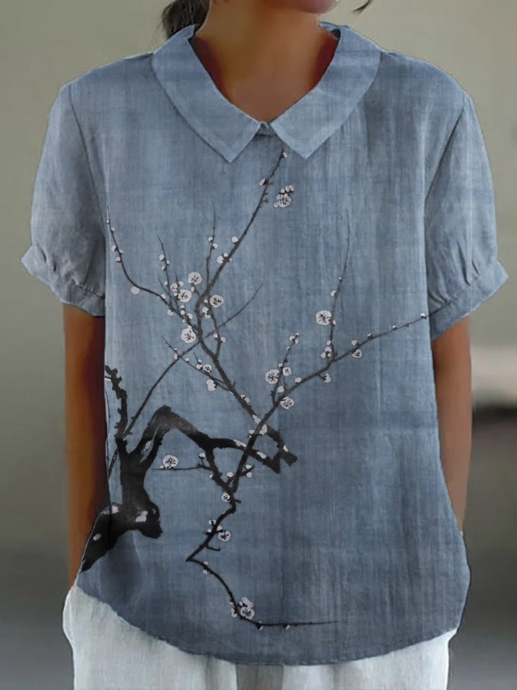 Comstylish Simple Plum Blossom Japanese Art Linen Blend Tunic