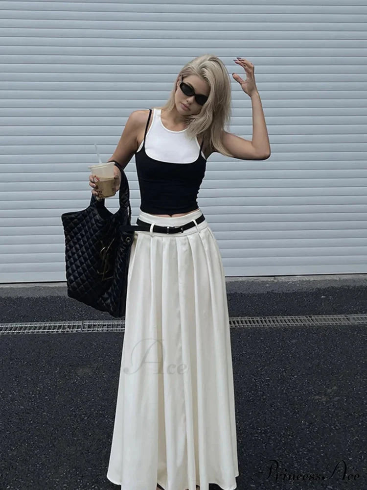 Belted Pleated Graceful Long Skirt