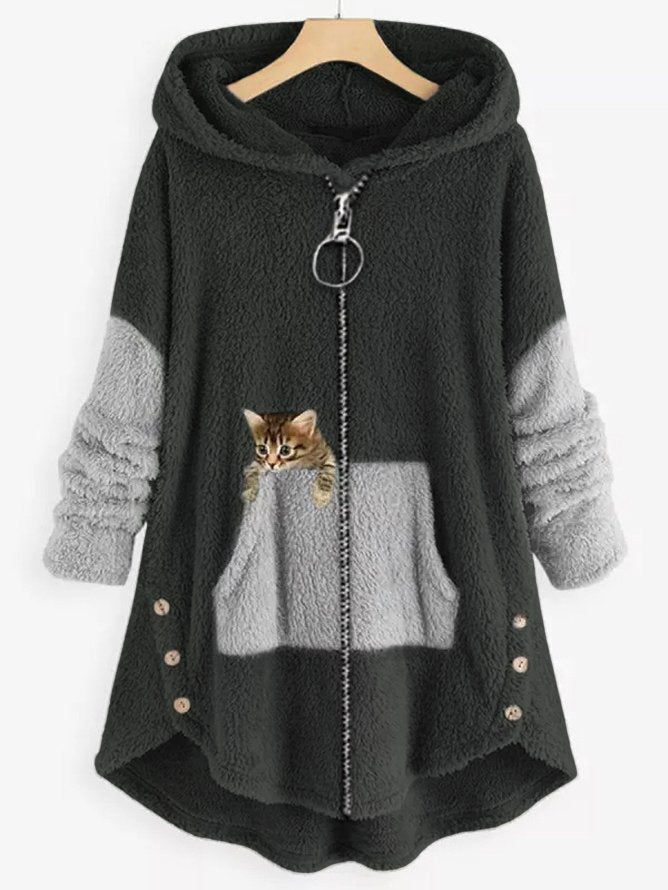 Fleece Hooded Coat with Colorblock Panels and Embroidered Kitten Pocket