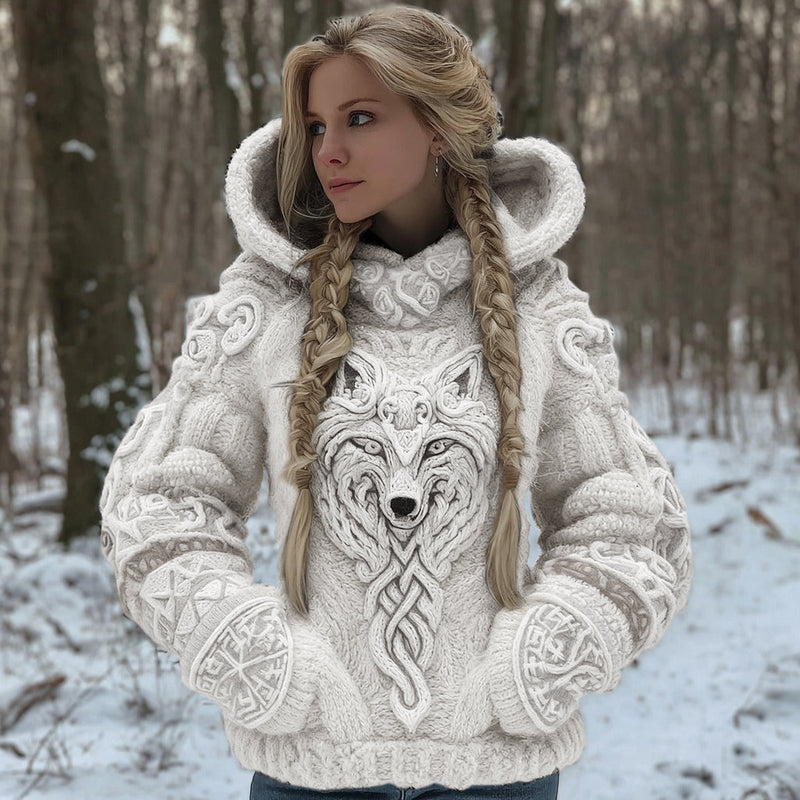 Cotton Blend Hooded Cardigan with Celtic Wolf Motif