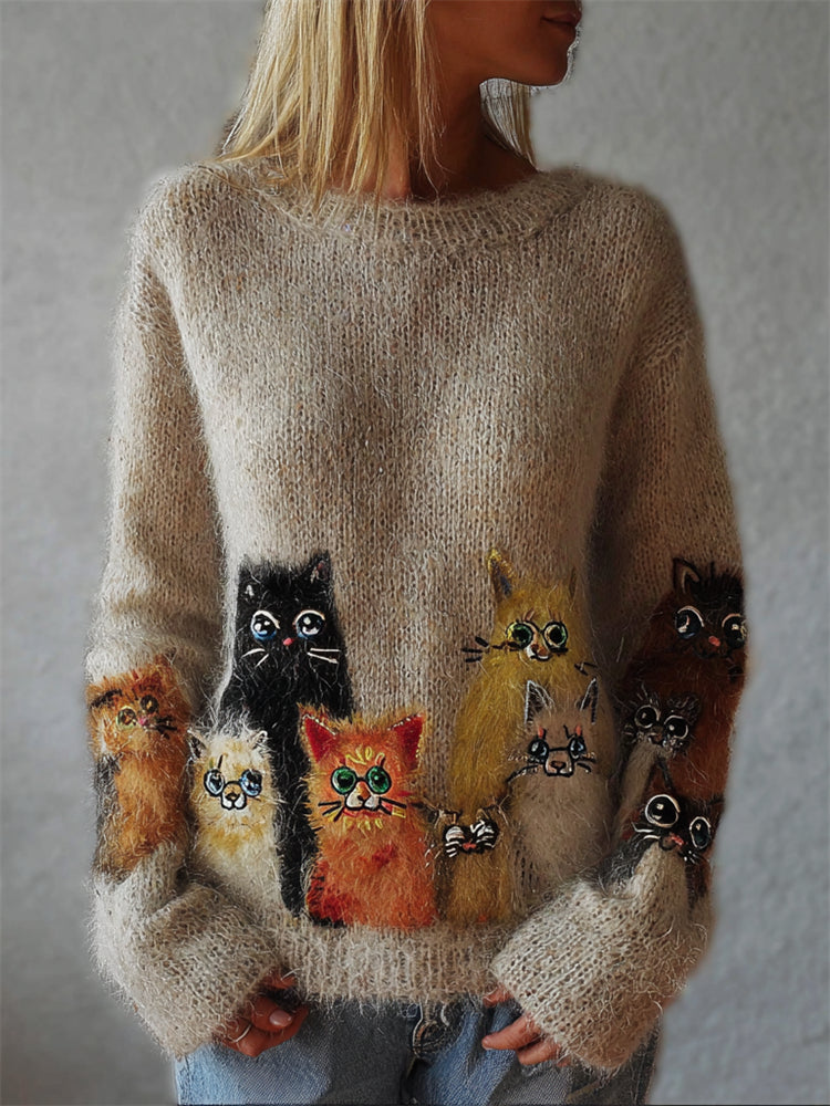 Wool Cardigan with Rainbow Cat Face Grid