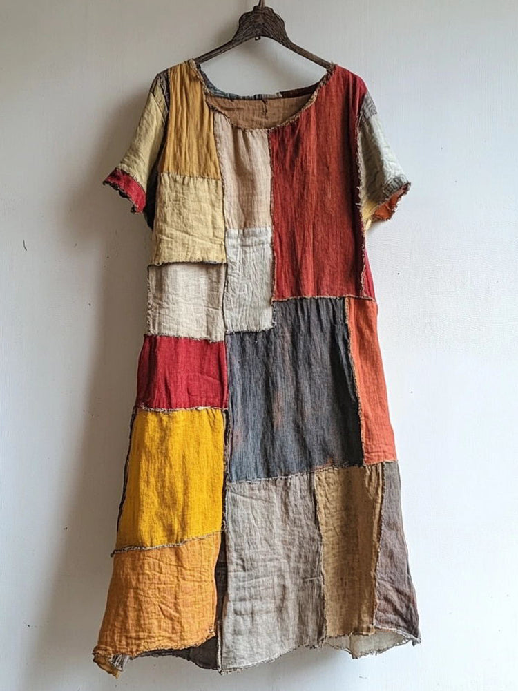 Vintage Patchwork Art Linen Blend Midi Dress artswardrobe