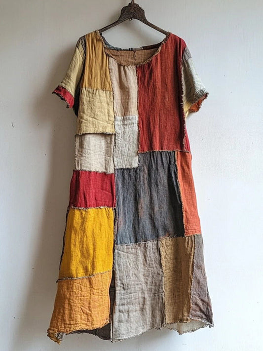 Vintage Patchwork Art Linen Blend Midi Dress artswardrobe