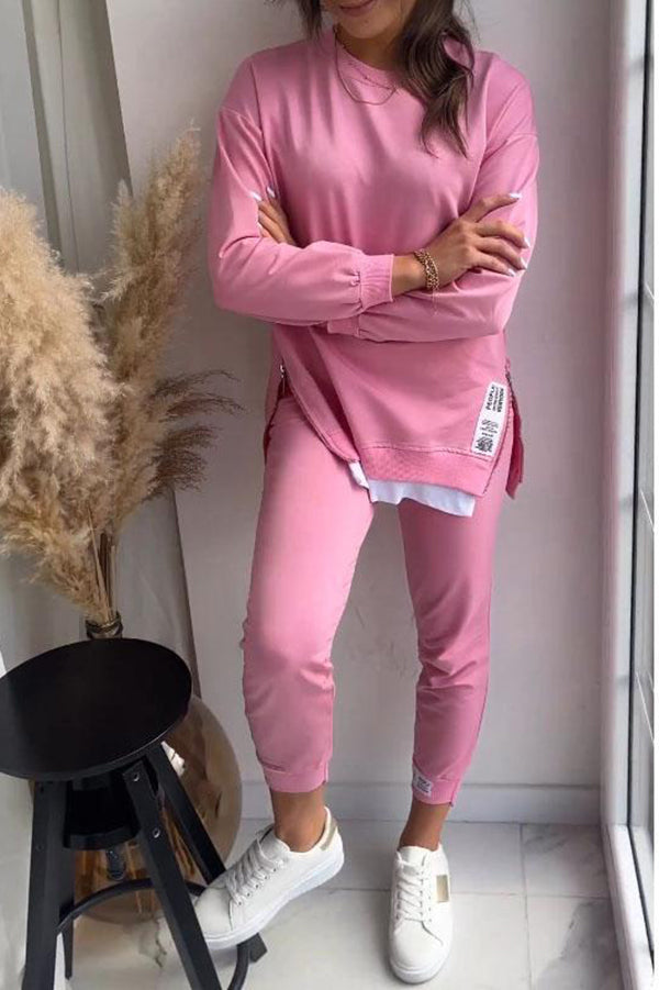 Color Round Neck Long-sleeved Sweatshirt and Elastic Waist Pants Set