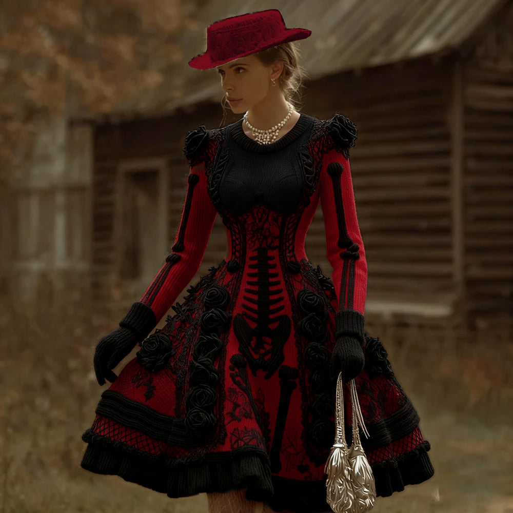 Comstylish Women's Halloween Skeleton And Rose V-neck Dress