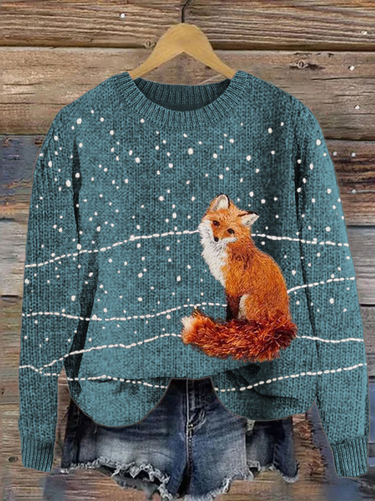 Fuzzy Fox in the Snow Embroidery Cozy Knit Sweater artswardrobe