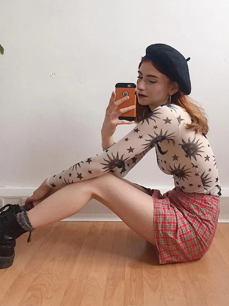 Sun Moon Printed Transparent Mesh T-shirt O-neck Long Sleeve Slim Basic Female Tops Spring New