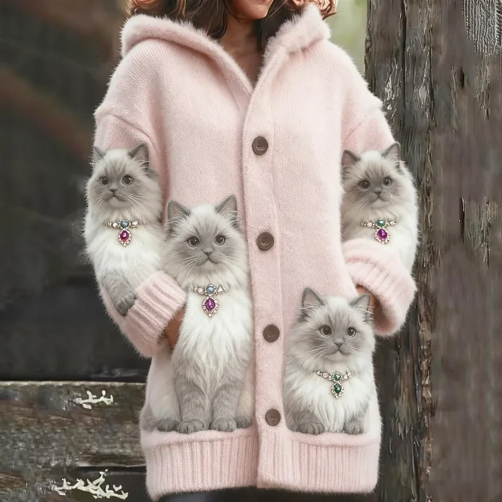 Cat Wearing Pearl Necklace Thick Hooded Cardigan Long Sweater elevenforest