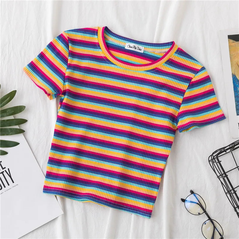 New T Shirt Rainbow Striped Tops Slim Fit T Shirt Harajuku Tshirt Summer Short Sleeve Korean T-shirt Feminina Clothes Tops