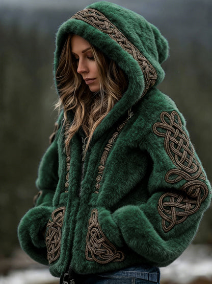Comstylish Women's Viking Celtic Art Cozy Warm Flannel Hooded Jacket